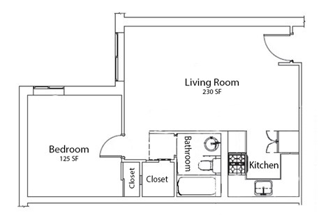 A floor plan of a small apartment with a bedroom, living room, kitchen, and bathroom.